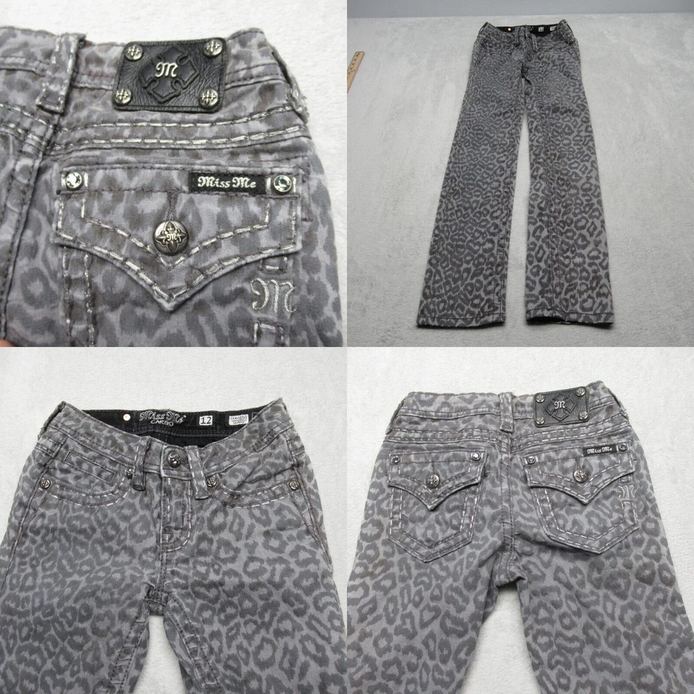 Miss Me Jeans Womens 12 25x29 Gray Leopard Print‎ AOP Low Rise Skinny Flap RARE